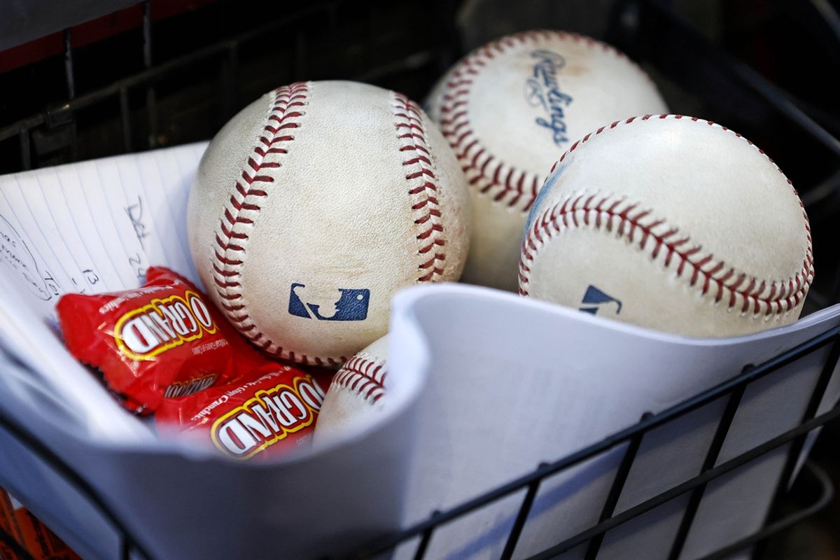 Oct 7, 2024; Cleveland, Ohio, USA; A view of baseballs in the dugout during game two of the ALDS for the 2024 MLB Playoffs between the Cleveland Guardians and the Detroit Tigers at Progressive Field. Mandatory Credit: Scott Galvin-Imagn Images