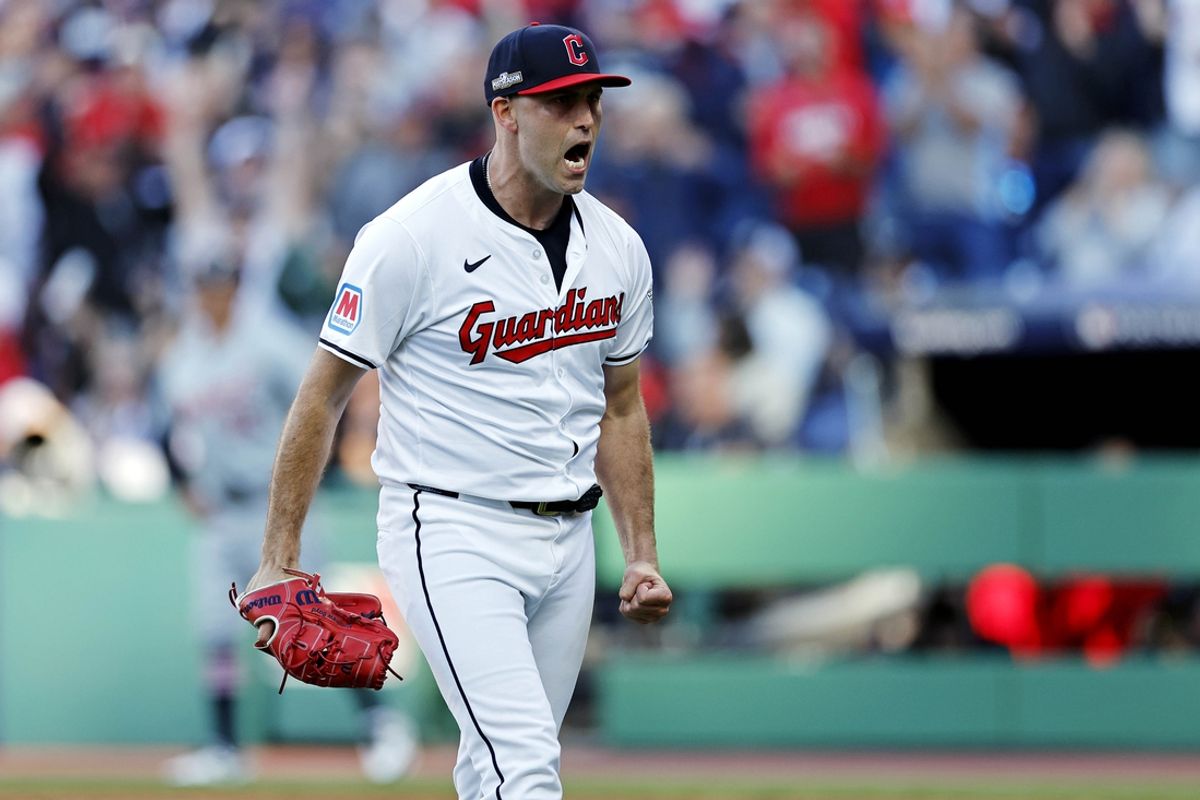 Oct 7, 2024; Cleveland, Ohio, USA; Cleveland Guardians pitcher Matthew Boyd (16) reacts after getting the last out of the fourth inning against the Detroit Tigers during game two of the ALDS for the 2024 MLB Playoffs at Progressive Field. Mandatory Credit: Scott Galvin-Imagn Images