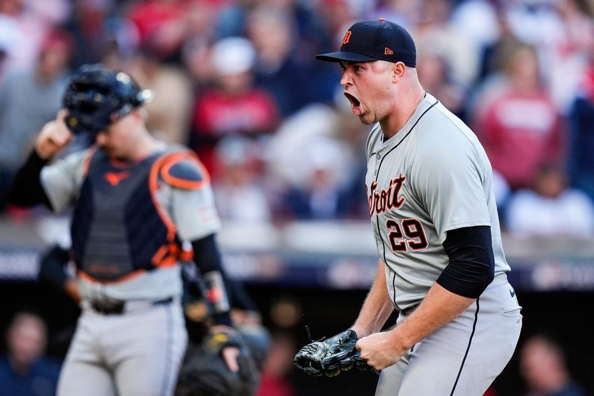 Detroit Tigers pitcher Tarik Skubal (29) reacts after pitching the fifth inning of Game 2 of ALDS against Cleveland Guardians at Progressive Field in Cleveland, Ohio on Monday, Oct. 7, 2024.