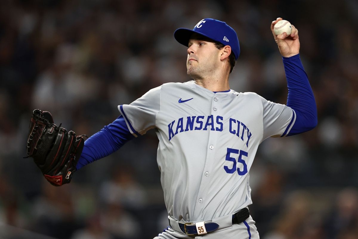 Oct 7, 2024; Bronx, New York, USA; Kansas City Royals pitcher Cole Ragans (55) throws a pitch against the New York Yankees in the first inning during game two of the ALDS for the 2024 MLB Playoffs at Yankee Stadium. Mandatory Credit: Vincent Carchietta-Imagn Images