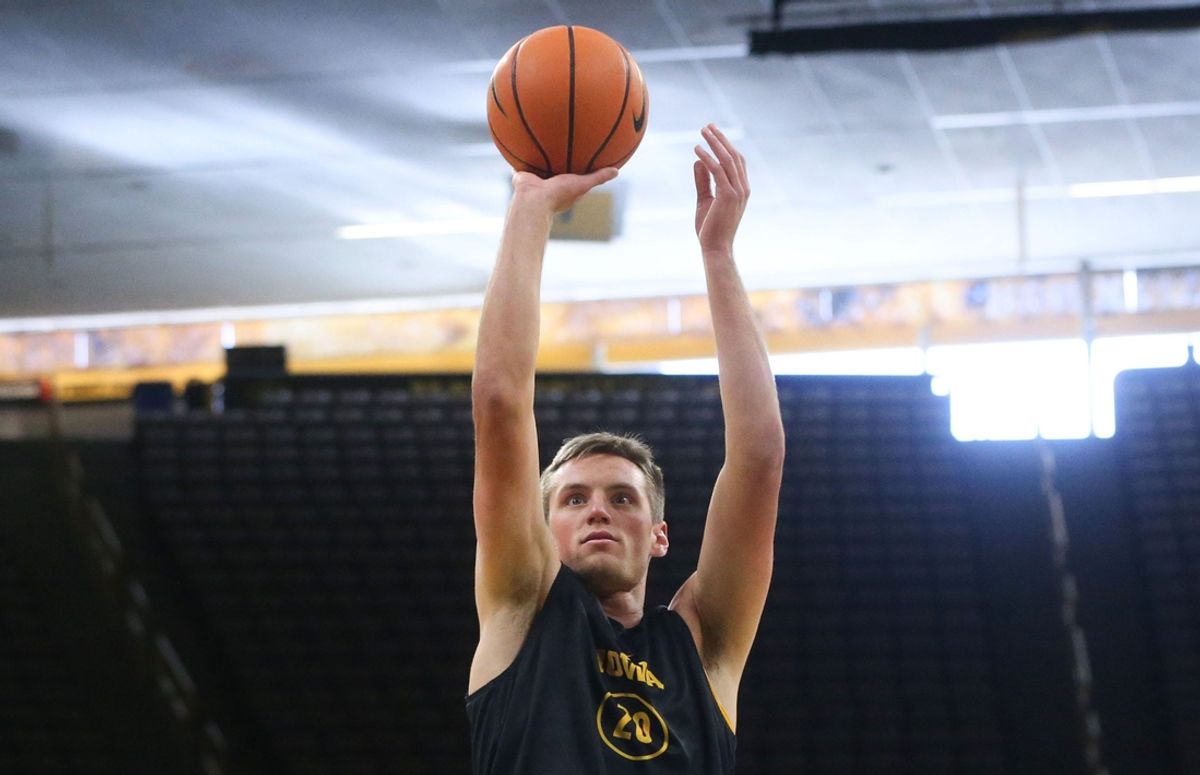 Iowa’s Payton Sandfort (20) shoots during practice Monday, Oct. 7, 2024 at Carver-Hawkeye Arena in Iowa City, Iowa.