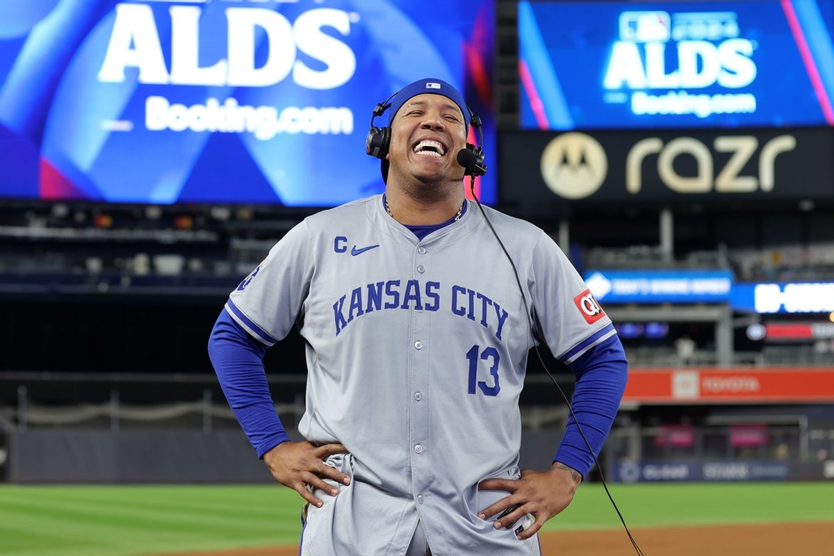 Oct 7, 2024; Bronx, New York, USA; Kansas City Royals catcher Salvador Perez (13) speaks to the media after game two of the ALDS against the New York Yankees for the 2024 MLB Playoffs at Yankee Stadium. Mandatory Credit: Brad Penner-Imagn Images