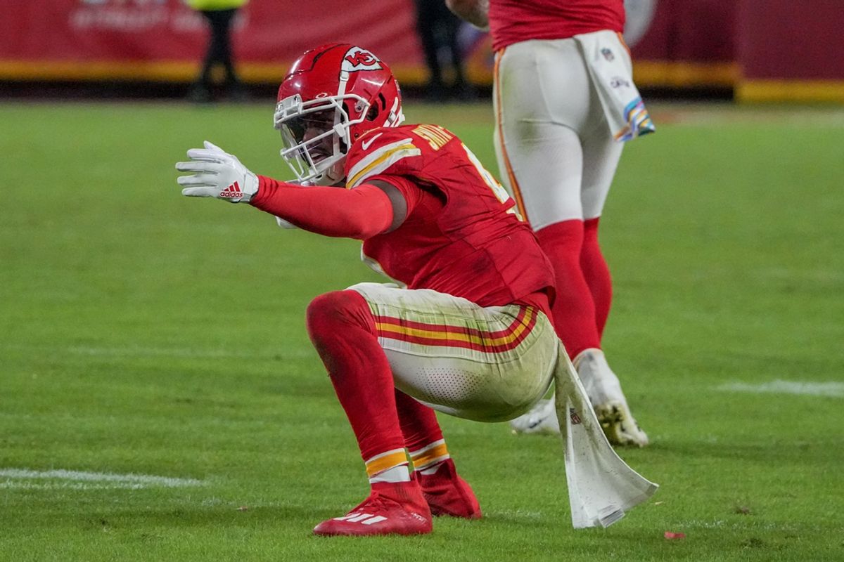 Oct 7, 2024; Kansas City, Missouri, USA; Kansas City Chiefs wide receiver JuJu Smith-Schuster (9) celebrates after a run against the New Orleans Saints during the second half at GEHA Field at Arrowhead Stadium. Mandatory Credit: Denny Medley-Imagn Images