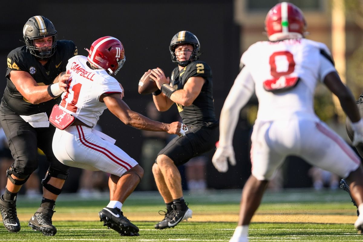 Oct 5, 2024; Nashville, Tennessee, USA;  Vanderbilt Commodores quarterback Diego Pavia (2) passes the ball against the Alabama Crimson Tide during the first half at FirstBank Stadium. Mandatory Credit: Steve Roberts-Imagn Images
