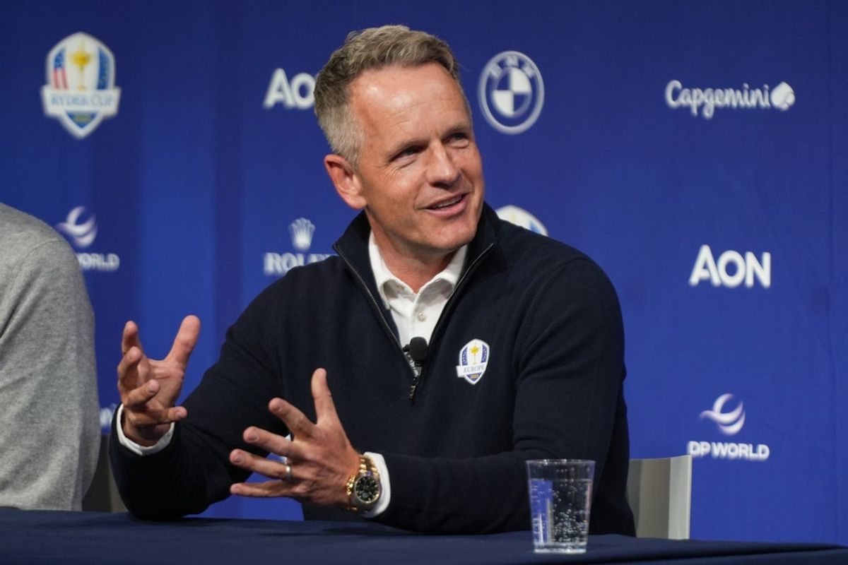 Oct 8, 2024; New York, New York, USA; Europe team captain Luke Donald speak during a press conference at Times Center. Mandatory Credit: Lucas Boland-Imagn Images