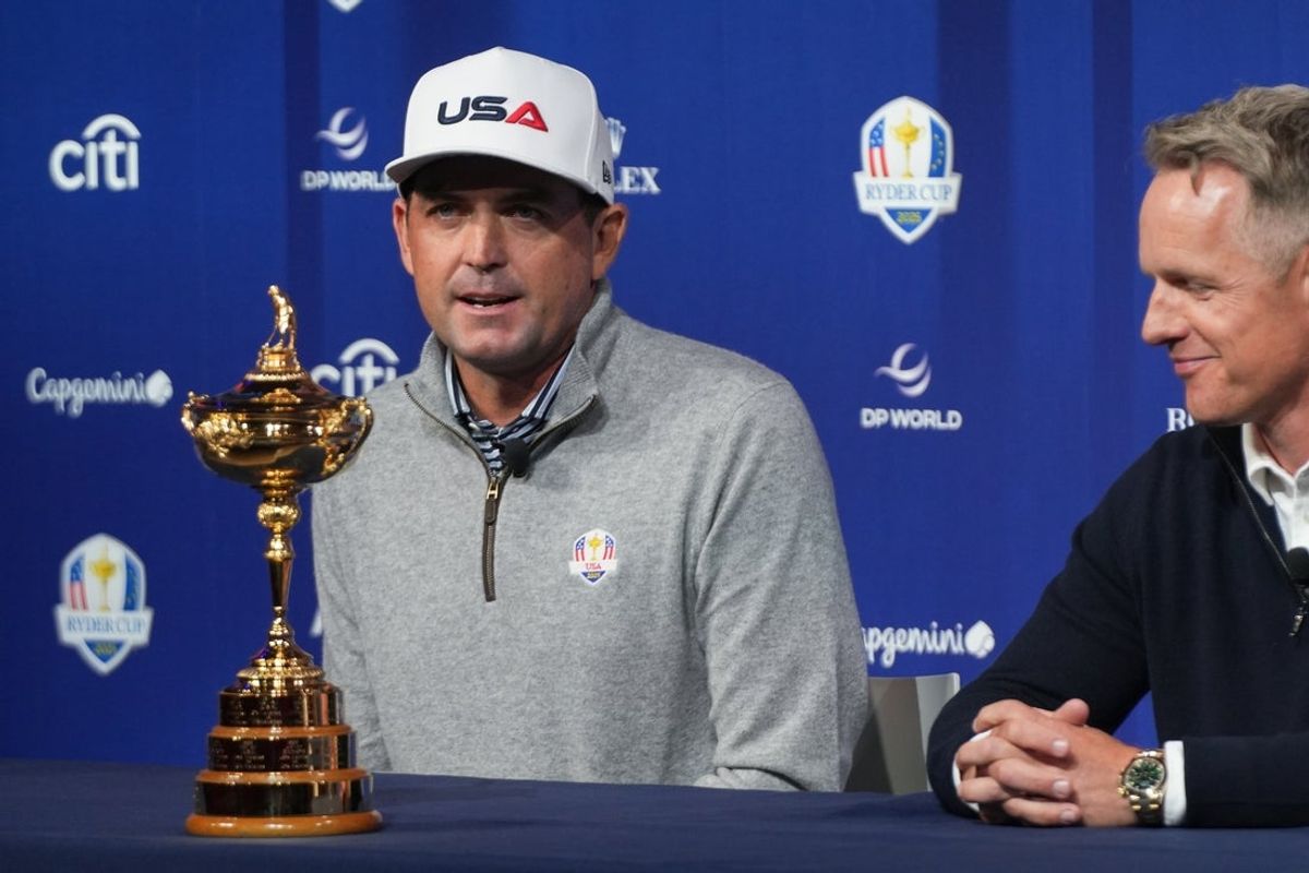Oct 8, 2024; New York, New York, USA; US team captain Keegan Bradley, left, and Europe team captain Luke Donald speak during a press conference at Times Center. Mandatory Credit: Lucas Boland-Imagn Images