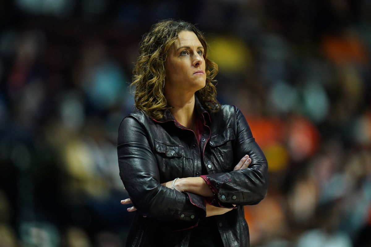 Oct 6, 2024; Uncasville, Connecticut, USA; Connecticut Sun head coach Stephanie White watches from the sideline as they take on the Minnesota Lynx during game four of the 2024 WNBA Semi-finals at Mohegan Sun Arena. Mandatory Credit: David Butler II-Imagn Images