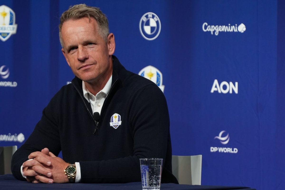 Oct 8, 2024; New York, New York, USA; Europe team captain Luke Donald speaks during a press conference at Times Center. Mandatory Credit: Lucas Boland-Imagn Images