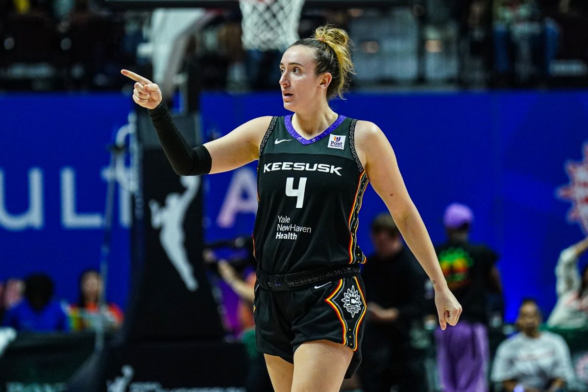 Oct 6, 2024; Uncasville, Connecticut, USA; Connecticut Sun guard Marina Mabrey (4) reacts after her basket against the Minnesota Lynx in the second half during game four of the 2024 WNBA Semi-finals at Mohegan Sun Arena. Mandatory Credit: David Butler II-Imagn Images