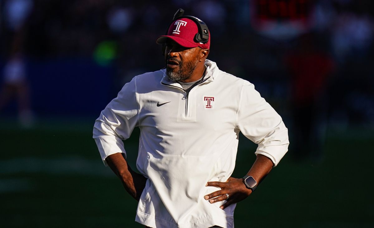 Oct 5, 2024; East Hartford, Connecticut, USA;  Temple Owls head coach Stan Drayton watches from the sideline as they take on the Connecticut Huskies at Rentschler Field at Pratt & Whitney Stadium. Mandatory Credit: David Butler II-Imagn Images