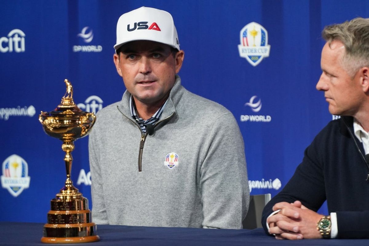 Oct 8, 2024; New York, New York, USA; US team captain Keegan Bradley, left, and Europe team captain Luke Donald speak at a press conference at Times Center. Mandatory Credit: Lucas Boland-Imagn Images
