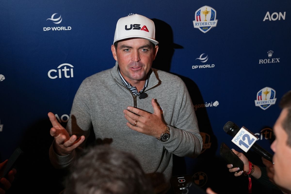 Oct 8, 2024; New York, New York, USA; US team captain Keegan Bradley gives an interview after a press conference at Times Center. Mandatory Credit: Lucas Boland-Imagn Images