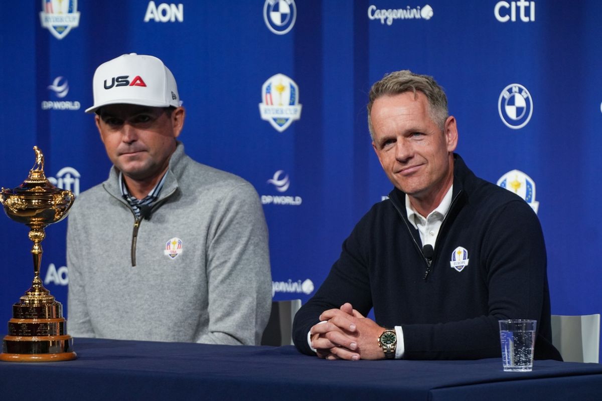 Oct 8, 2024; New York, New York, USA; US team captain Keegan Bradley, left, and Europe team captain Luke Donald speak during a press conference at Times Center. Mandatory Credit: Lucas Boland-Imagn Images