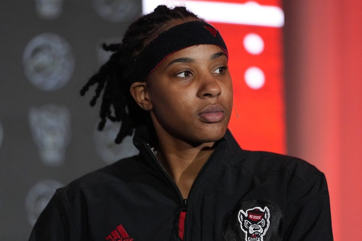 Oct 9, 2024; Charlotte, NC, USA;  North Carolina State player Aziaha James during ACC Media Days at The Hilton Charlotte Uptown. Mandatory Credit: Jim Dedmon-Imagn Images
