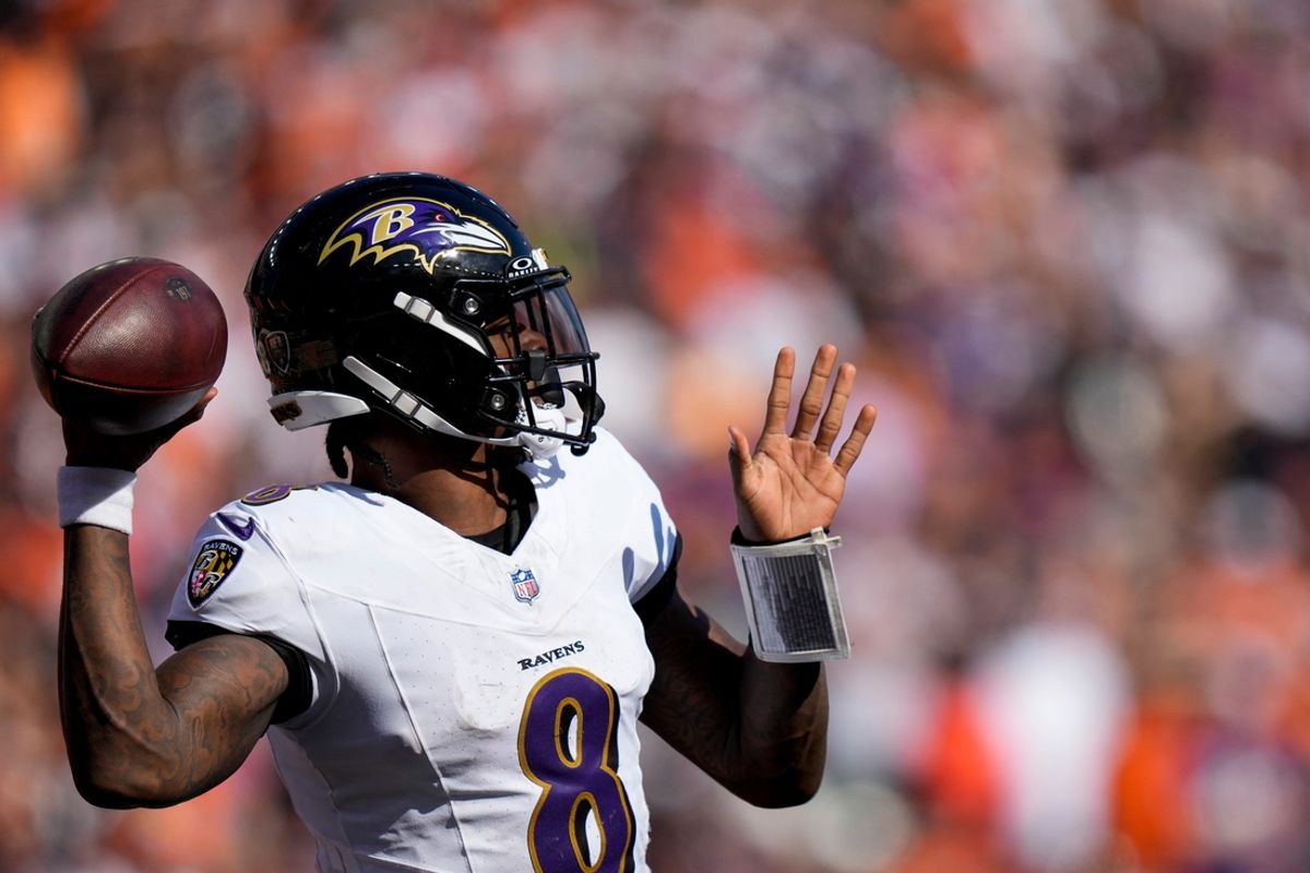 Baltimore Ravens quarterback Lamar Jackson (8) throws a pass in the fourth quarter of the NFL Week 5 game between the Cincinnati Bengals and Baltimore Ravens at Paycor Stadium in downtown Cincinnati on Sunday, Oct. 6, 2024.