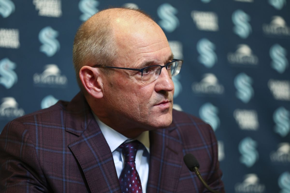 Oct 8, 2024; Seattle, Washington, USA; Seattle Kraken head coach Dan Bylsma speaks to media before the game against the St. Louis Blues at Climate Pledge Arena. Mandatory Credit: Caean Couto-Imagn Images