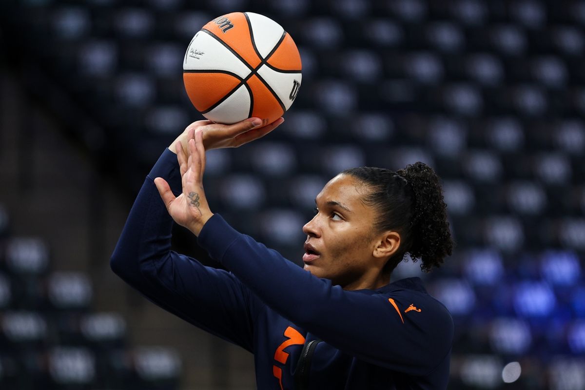 Oct 8, 2024; Minneapolis, Minnesota, USA; Connecticut Sun forward Alyssa Thomas (25) warms up before game five of the 2024 WNBA playoffs against the Minnesota Lynx at Target Center. Mandatory Credit: Matt Krohn-Imagn Images