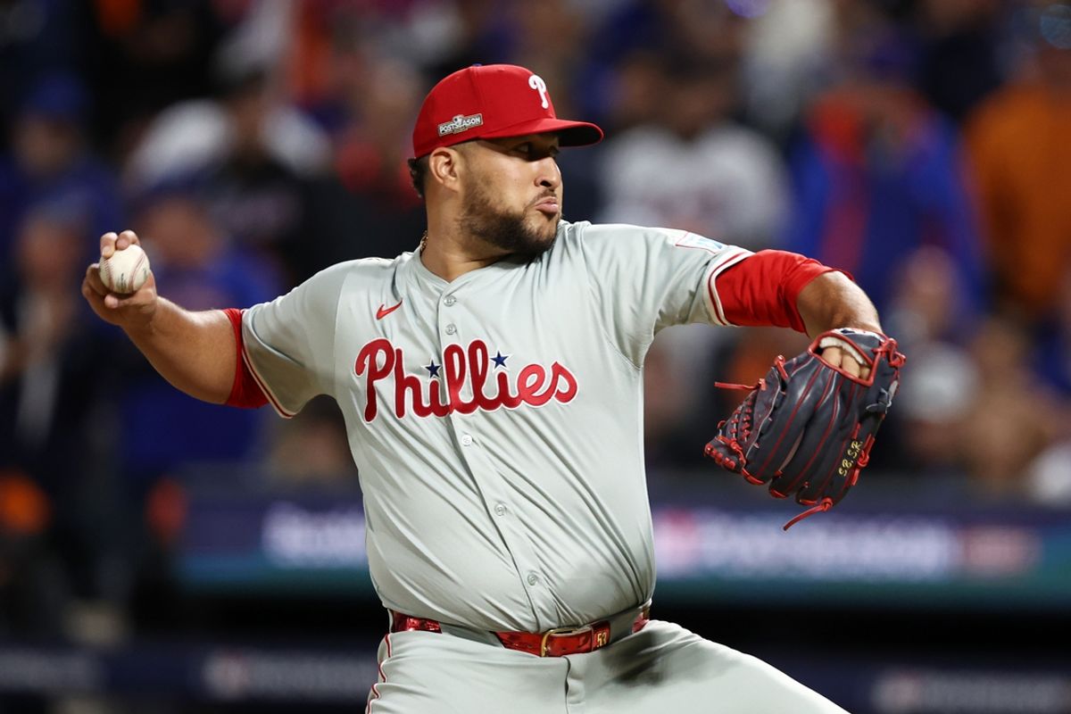 Oct 8, 2024; New York City, New York, USA; Philadelphia Phillies pitcher Carlos Estevez (53) pitches in the eighth inning against the New York Mets during game three of the NLDS for the 2024 MLB Playoffs at Citi Field. Mandatory Credit: Vincent Carchietta-Imagn Images