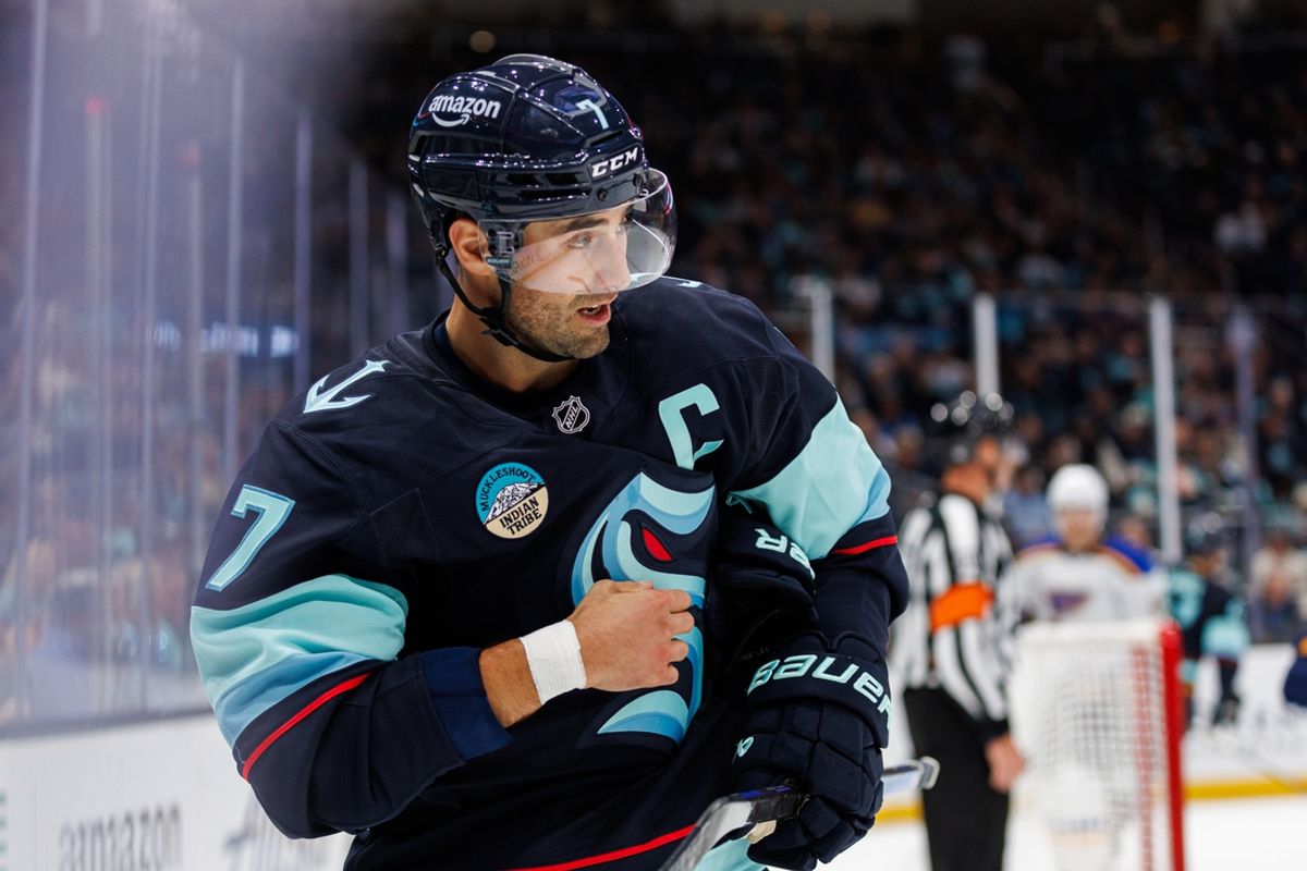 Oct 8, 2024; Seattle, Washington, USA; Seattle Kraken right wing Jordan Eberle (7) looks on against the St. Louis Blues during the first period at Climate Pledge Arena. Mandatory Credit: Caean Couto-Imagn Images