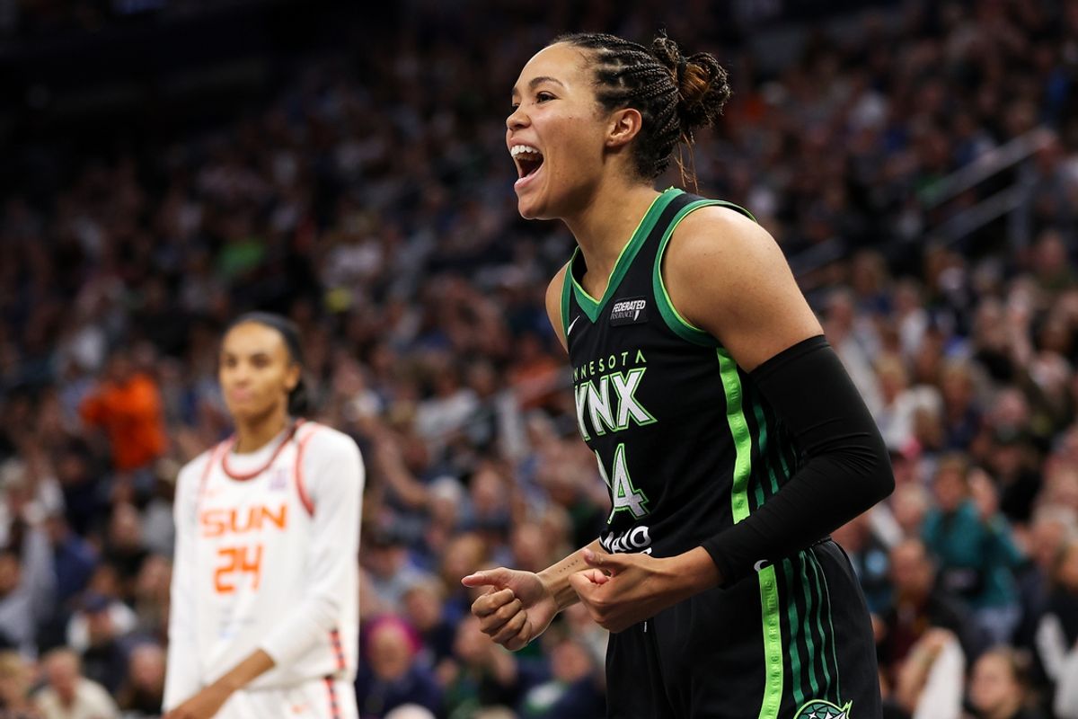Oct 8, 2024; Minneapolis, Minnesota, USA; Minnesota Lynx forward Napheesa Collier (24) celebrates her shot against the Connecticut Sun during the first half of game five of the 2024 WNBA playoffs at Target Center. Mandatory Credit: Matt Krohn-Imagn Images