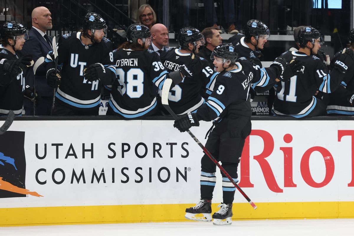 Oct 8, 2024; Salt Lake City, Utah, USA; Utah Hockey Club forward Clayton Keller (9) celebrates a goal against the Chicago Blackhawks during the first period at Delta Center. Mandatory Credit: Rob Gray-Imagn Images