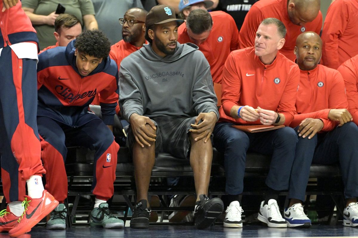 Oct 8, 2024; Oceanside, California, USA; Los Angeles Clippers forward Kawhi Leonard (2) looks on from the bench during a preseason game against the Brooklyn Nets at Frontwave Arena. Mandatory Credit: Jayne Kamin-Oncea-Imagn Images