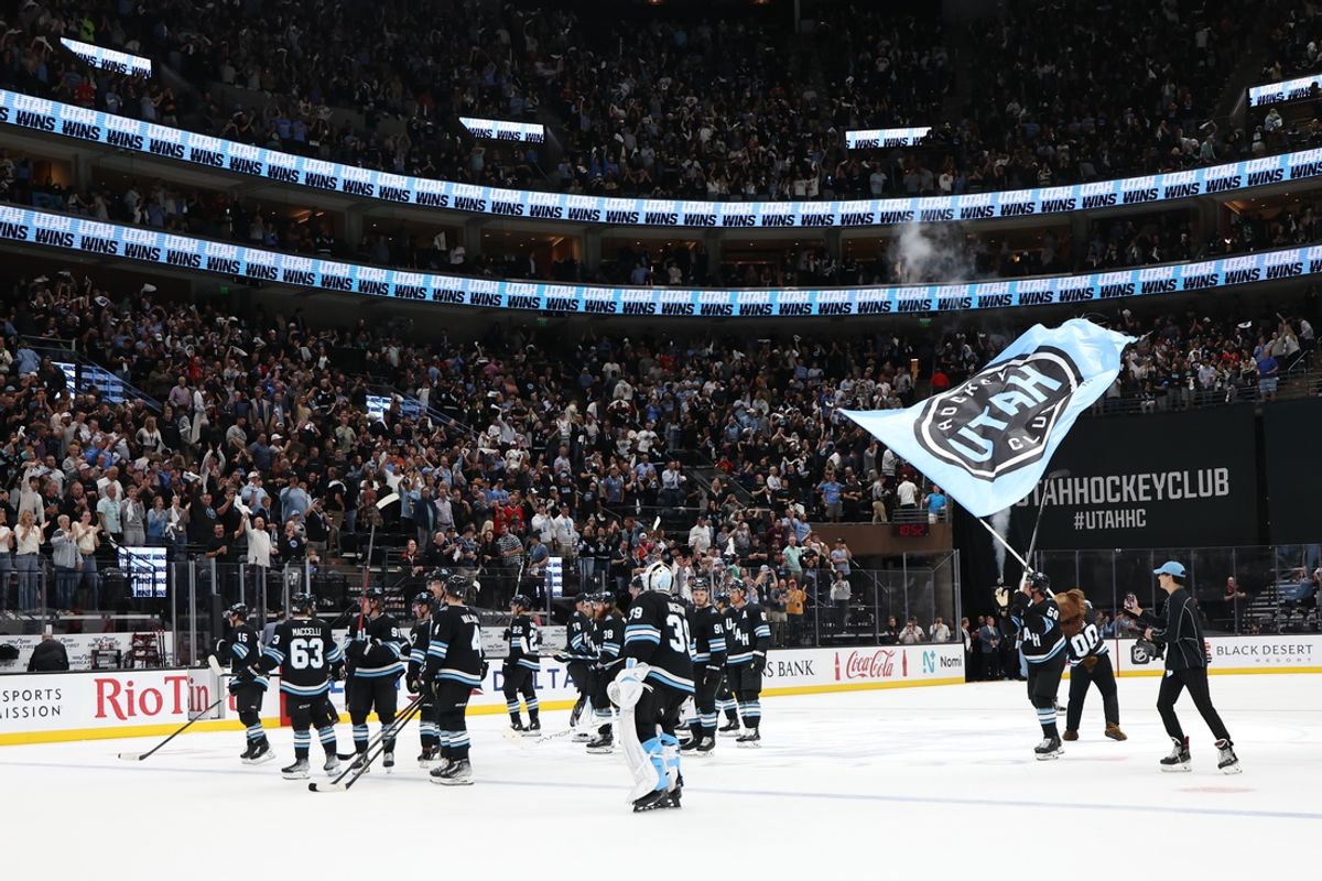 Oct 8, 2024; Salt Lake City, Utah, USA; The Utah Hockey Club celebrate a win over the Chicago Blackhawks at Delta Center. Mandatory Credit: Rob Gray-Imagn Images