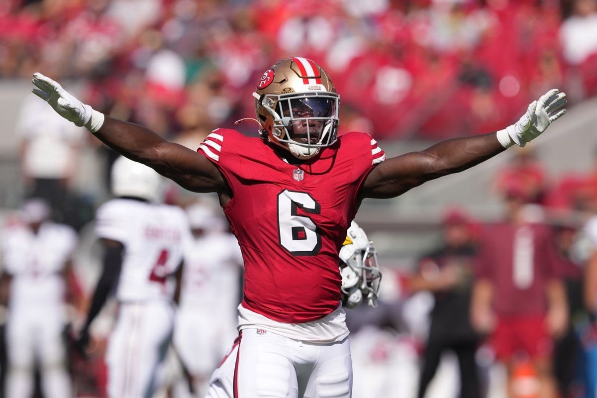 Oct 6, 2024; Santa Clara, California, USA; San Francisco 49ers safety Malik Mustapha (6) gestures after defending a pass against the Arizona Cardinals during the second quarter at Levi's Stadium. Mandatory Credit: Darren Yamashita-Imagn Images