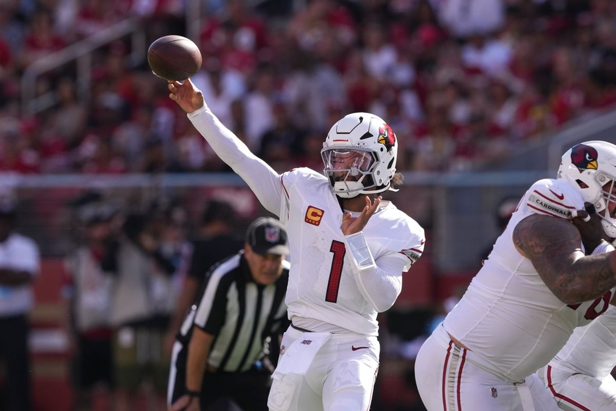 Oct 6, 2024; Santa Clara, California, USA; Arizona Cardinals quarterback Kyler Murray (1) throws a pass against the San Francisco 49ers during the fourth quarter at Levi's Stadium. Mandatory Credit: Darren Yamashita-Imagn Images