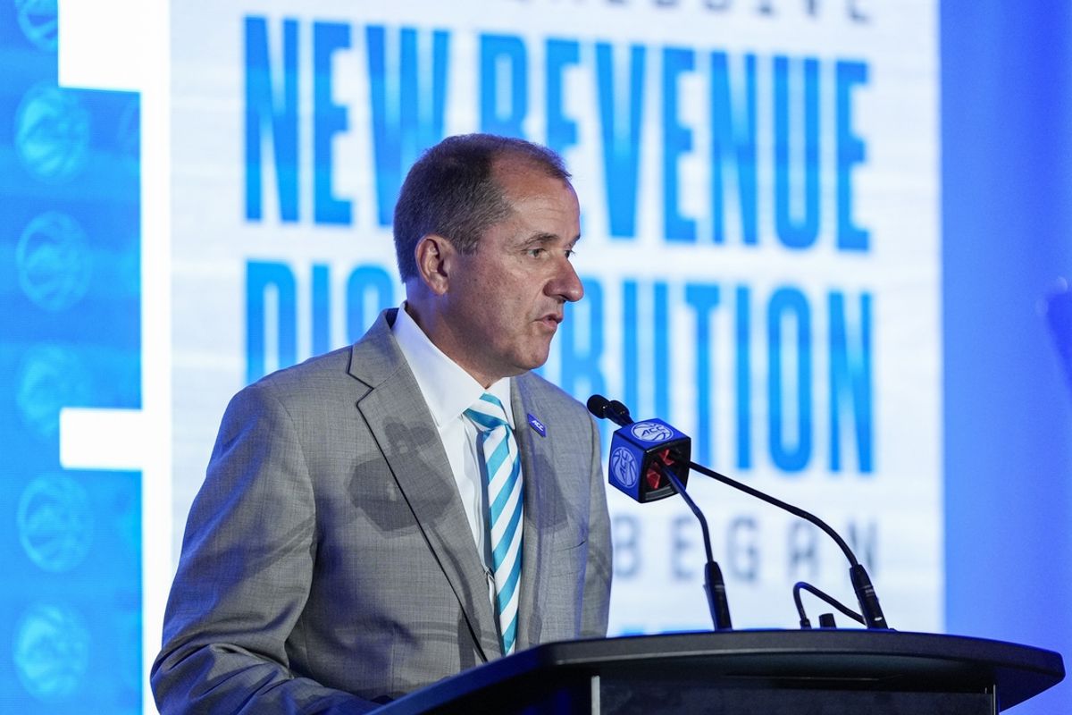 Oct 9, 2024; Charlotte, NC, USA;  ACC commissioner Jim Phillips during ACC Media Days at The Hilton Charlotte Uptown. Mandatory Credit: Jim Dedmon-Imagn Images