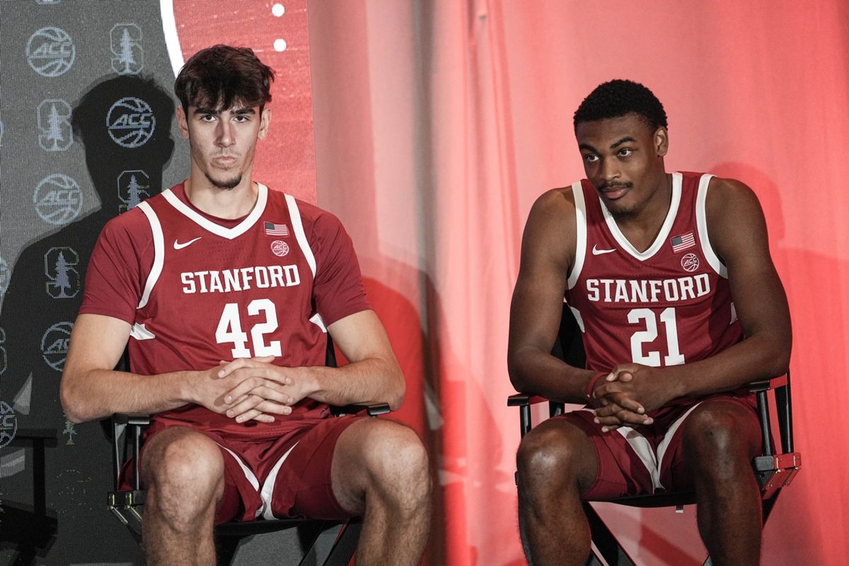 Oct 9, 2024; Charlotte, NC, USA;  Stanford player Maxime Raynaud and Jaylen Blakes during ACC Media Days at The Hilton Charlotte Uptown. Mandatory Credit: Jim Dedmon-Imagn Images