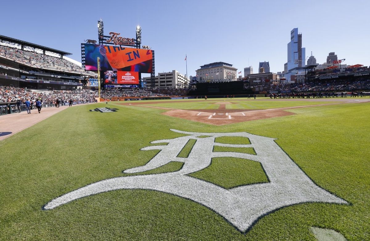 Oct 9, 2024; Detroit, Michigan, USA;  General view of the field with the Detroit Tigers behind home plate before game three of the ALDS for the 2024 MLB Playoffs against the Cleveland Guardians at Comerica Park. Mandatory Credit: Rick Osentoski-Imagn Images