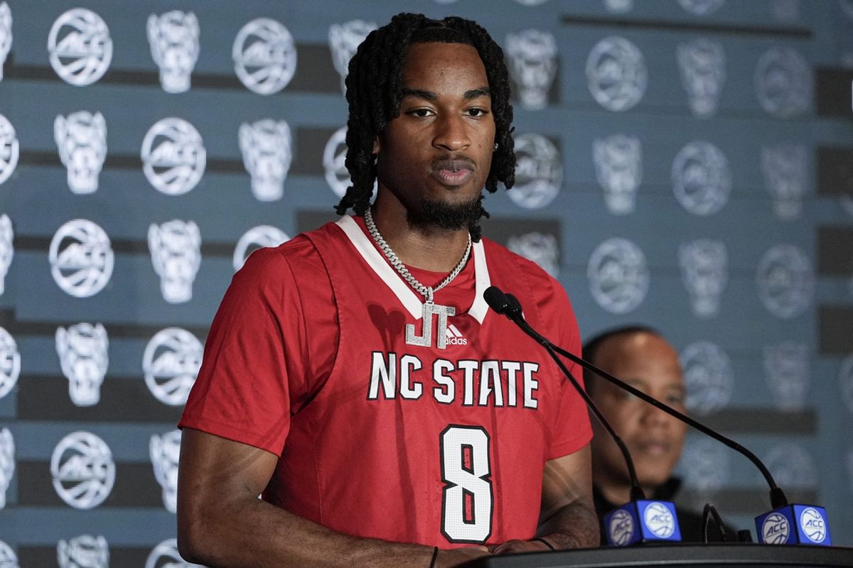 Oct 9, 2024; Charlotte, NC, USA;    North Carolina State player Jayden Taylor during ACC Media Days at The Hilton Charlotte Uptown. Mandatory Credit: Jim Dedmon-Imagn Images