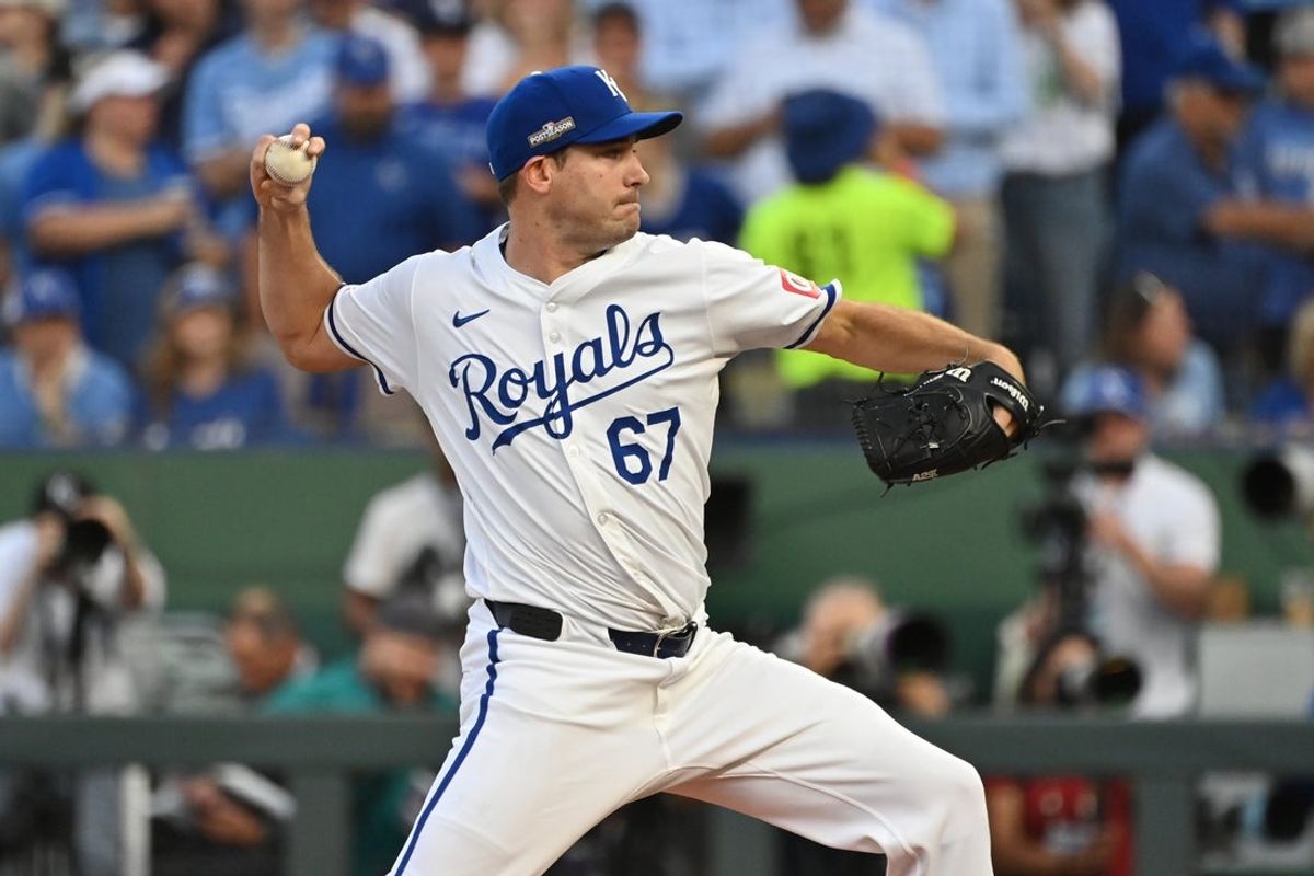 Oct 9, 2024; Kansas City, Missouri, USA; Kansas City Royals starting pitcher Seth Lugo (67) pitches in the first inning  against the New York Yankees during game three of the NLDS for the 2024 MLB Playoffs at Kauffman Stadium. Mandatory Credit: Peter Aiken-Imagn Images