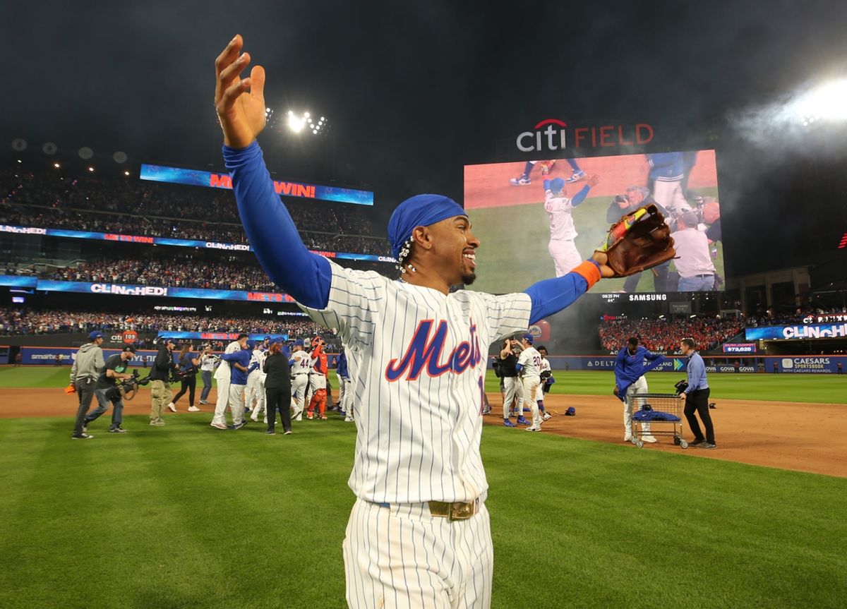 Oct 9, 2024; New York, New York, USA; New York Mets shortstop Francisco Lindor (12) celebrates defeating the Philadelphia Phillies in game four of the NLDS for the 2024 MLB Playoffs at Citi Field. Mandatory Credit: Brad Penner-Imagn Images
