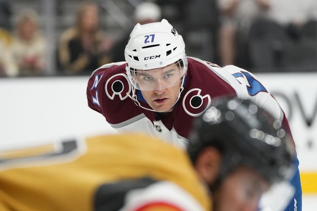 Oct 9, 2024; Las Vegas, Nevada, USA; Colorado Avalanche left wing Jonathan Drouin (27) competes against the Vegas Golden Knights during the first period at T-Mobile Arena. Mandatory Credit: Lucas Peltier-Imagn Images