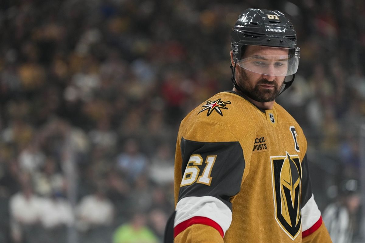 Oct 9, 2024; Las Vegas, Nevada, USA; Vegas Golden Knights right wing Mark Stone (61) skates prior to a game against the Colorado Avalanche at T-Mobile Arena. Mandatory Credit: Lucas Peltier-Imagn Images
