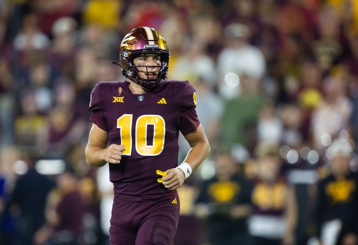 Oct 5, 2024; Tempe, Arizona, USA; Arizona State Sun Devils quarterback Sam Leavitt (10) against the Kansas Jayhawks at Mountain America Stadium. Mandatory Credit: Mark J. Rebilas-Imagn Images