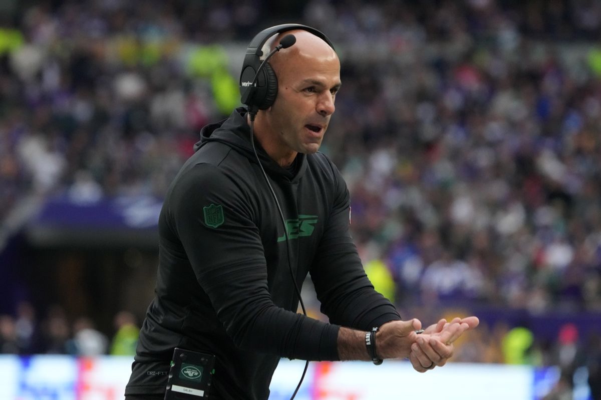 Oct 6, 2024; London, United Kingdom; New York Jets coach Robert Saleh reacts against the Minnesota Vikings in the first half at Tottenham Hotspur Stadium. Mandatory Credit: Kirby Lee-Imagn Images