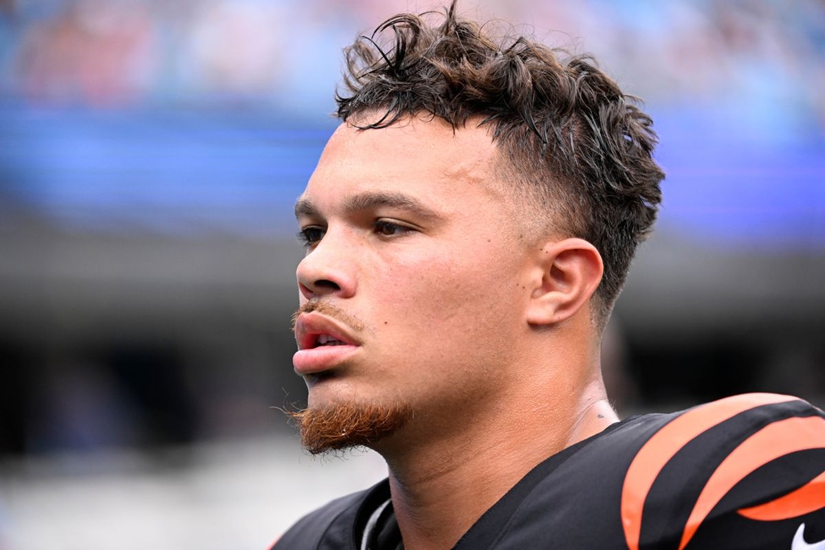 Sep 29, 2024; Charlotte, North Carolina, USA; Cincinnati Bengals tight end Erick All Jr. (83) before the game at Bank of America Stadium. Mandatory Credit: Bob Donnan-Imagn Images