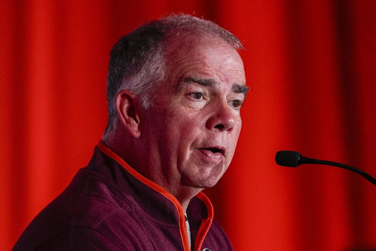 Oct 10, 2024; Charlotte, NC, USA;  Virginia player Tech head coach Mike Young at The Hilton Charlotte Uptown. Mandatory Credit: Jim Dedmon-Imagn Images