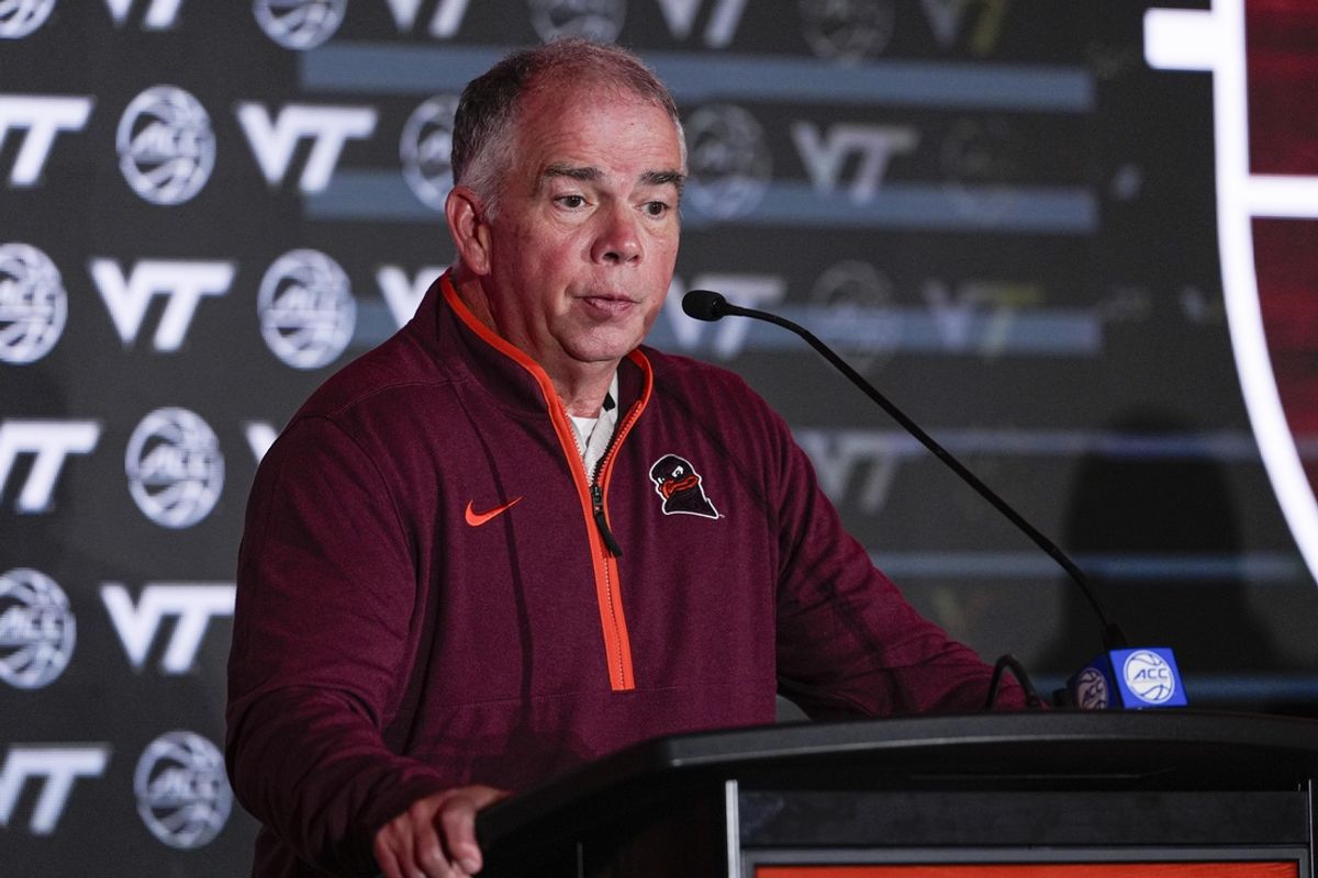 Oct 10, 2024; Charlotte, NC, USA;  Virginia player Tech head coach Mike Young at The Hilton Charlotte Uptown. Mandatory Credit: Jim Dedmon-Imagn Images