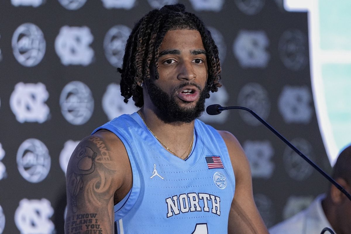 Oct 10, 2024; Charlotte, NC, USA;  North Carolina player R.J. Davis at The Hilton Charlotte Uptown. Mandatory Credit: Jim Dedmon-Imagn Images