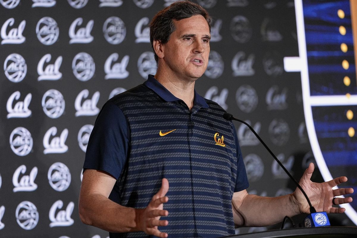 Oct 10, 2024; Charlotte, NC, USA;  California head coach Mark Madsen answers questions from the media at The Hilton Charlotte Uptown. Mandatory Credit: Jim Dedmon-Imagn Images