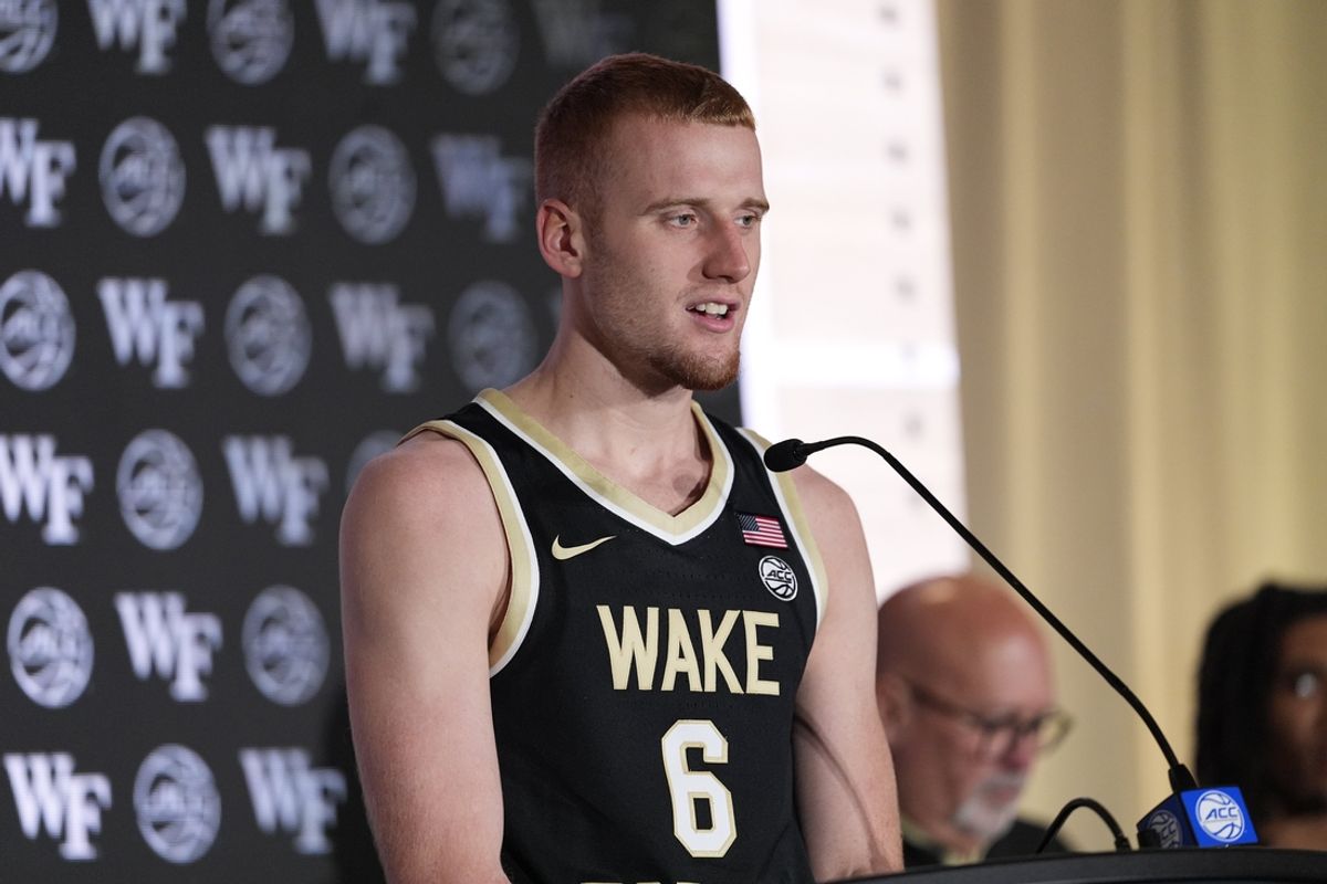 Oct 10, 2024; Charlotte, NC, USA;  Wake Forest player Cameron Hildreth answers questions from the media at The Hilton Charlotte Uptown. Mandatory Credit: Jim Dedmon-Imagn Images
