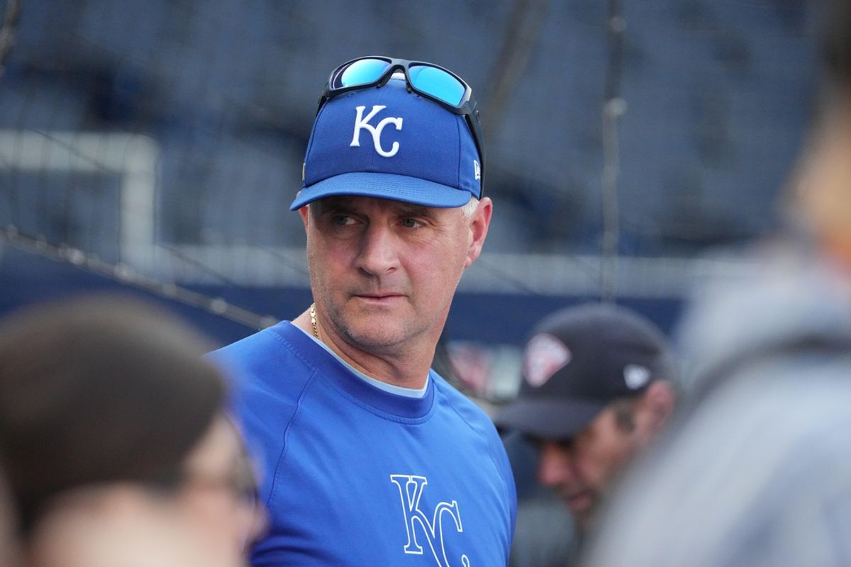Oct 10, 2024; Kansas City, Missouri, USA; Kansas City Royals manager Matt Quatraro (33) during warmups before a game against the New York Yankees for game four of the ALDS for the 2024 MLB Playoffs at Kauffman Stadium. Mandatory Credit: Denny Medley-Imagn Images