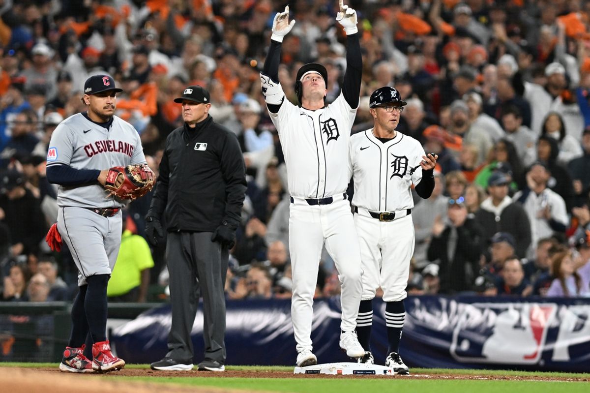 Oct 10, 2024; Detroit, Michigan, USA; Detroit Tigers outfielder Kerry Carpenter (30) celebrates a single in the sixth inning against the Cleveland Guardians during game four of the ALDS for the 2024 MLB Playoffs at Comerica Park. Mandatory Credit: Lon Horwedel-Imagn Images