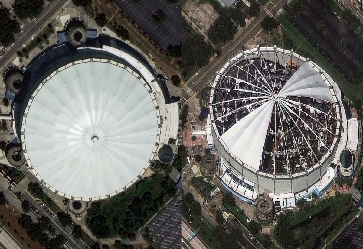 Tropicana Field before and after Hurricane Milton