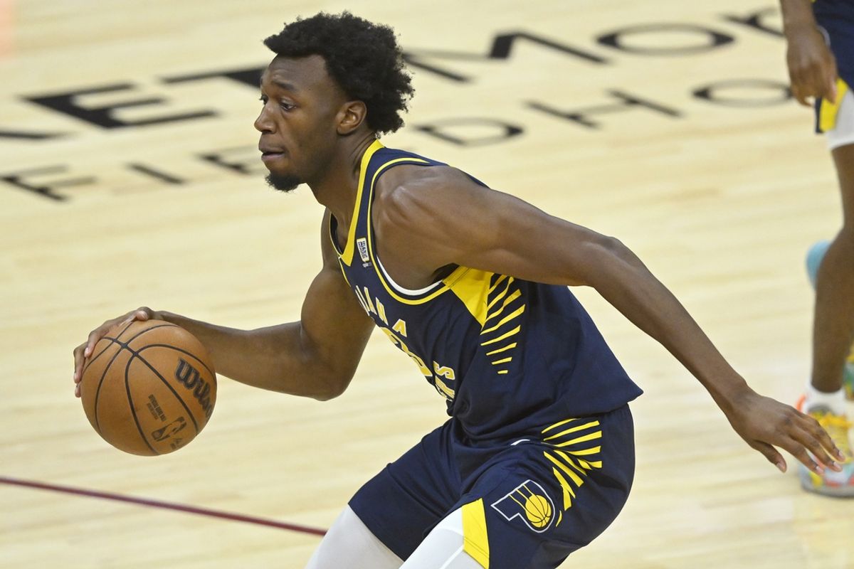Oct 10, 2024; Cleveland, Ohio, USA; Indiana Pacers center James Wiseman (13) dribbles in the third quarter against the Cleveland Cavaliers at Rocket Mortgage FieldHouse. Mandatory Credit: David Richard-Imagn Images