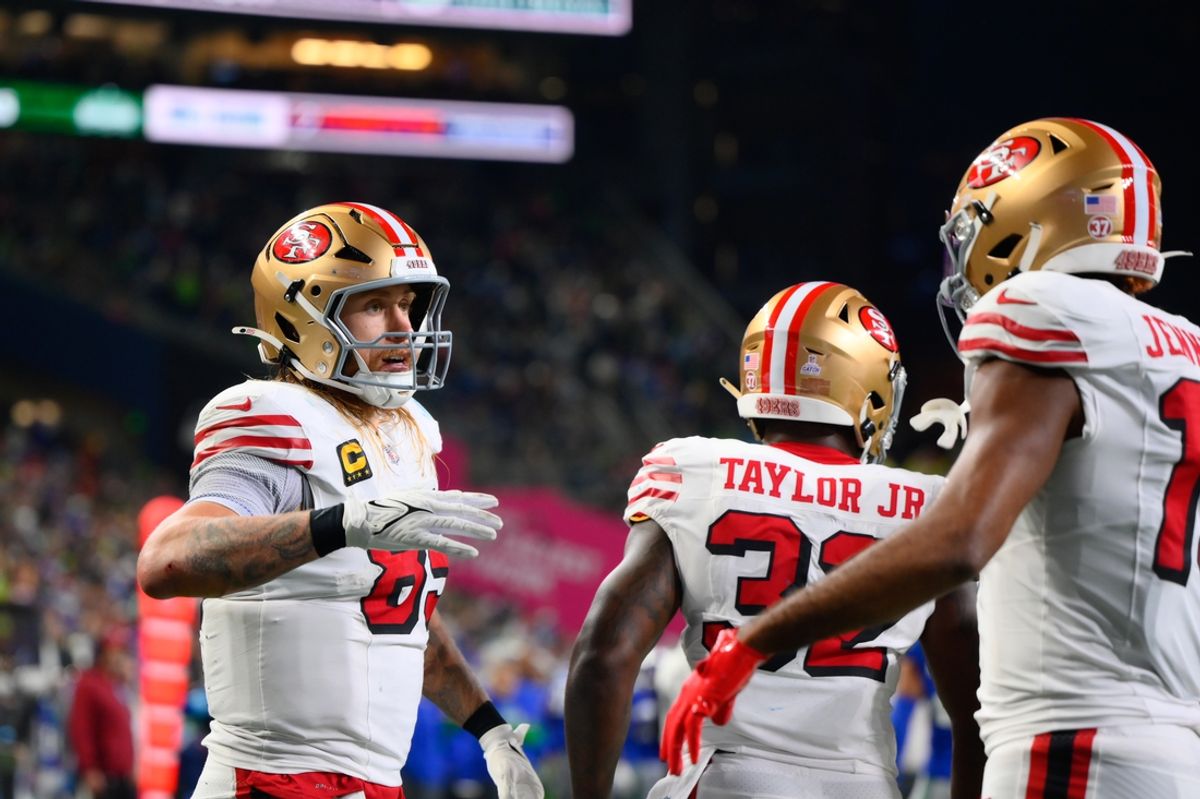 Oct 10, 2024; Seattle, Washington, USA; San Francisco 49ers tight end George Kittle (85) celebrates after scoring a touchdown against the Seattle Seahawks during the second half at Lumen Field. Mandatory Credit: Steven Bisig-Imagn Images